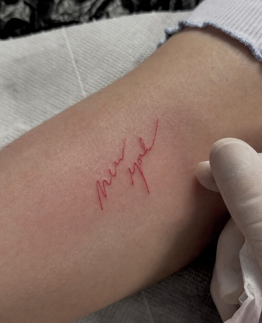 Fine line script lettering tattoo by an Essex Fine Line Tattoo Academy student