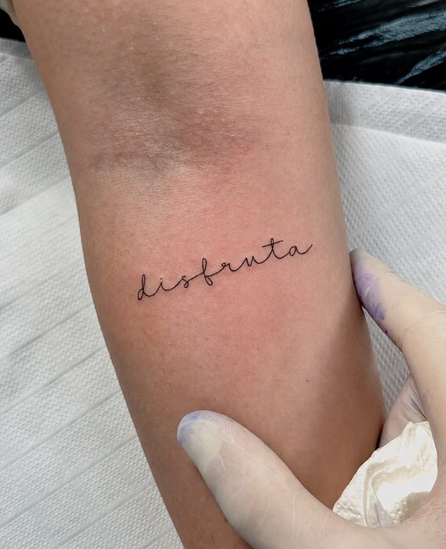 Fine line script lettering tattoo by a Essex Fine Line Tattoo Academy student